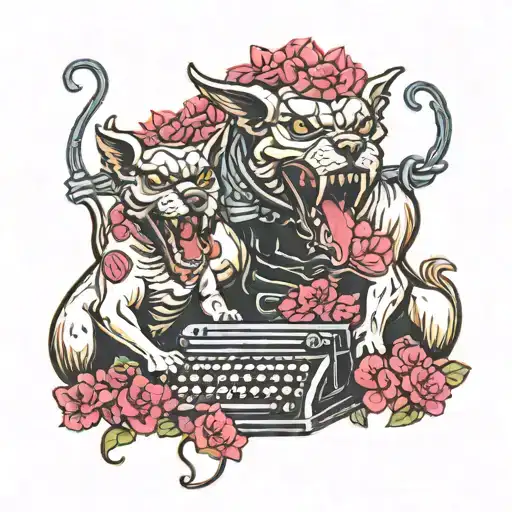Evil Cerberus angry at the typewriter with rings and claws Growling but with bouquet of bougainvilleas in mouth tattoo design idea