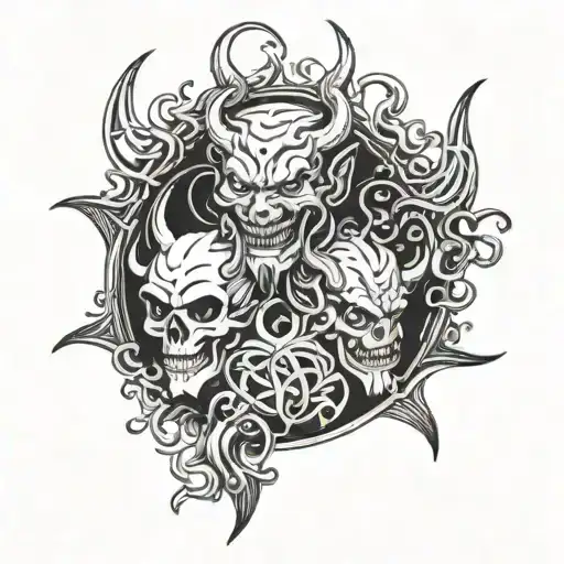 A tattoo design featuring a devil, a god, and a human intertwined within a symbolic representation of creation tattoo design idea