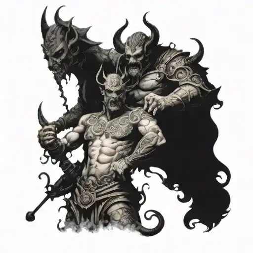 An intricate tattoo showcasing a devil and a god facing off in a battle of good and evil, with a human figure caught in the middle tattoo design idea