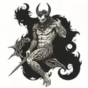 An intricate tattoo showcasing a devil and a god facing off in a battle of good and evil, with a human figure caught in the middle tattoo design idea