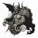 An intricate tattoo showcasing a devil and a god facing off in a battle of good and evil, with a human figure caught in the middle tattoo design idea