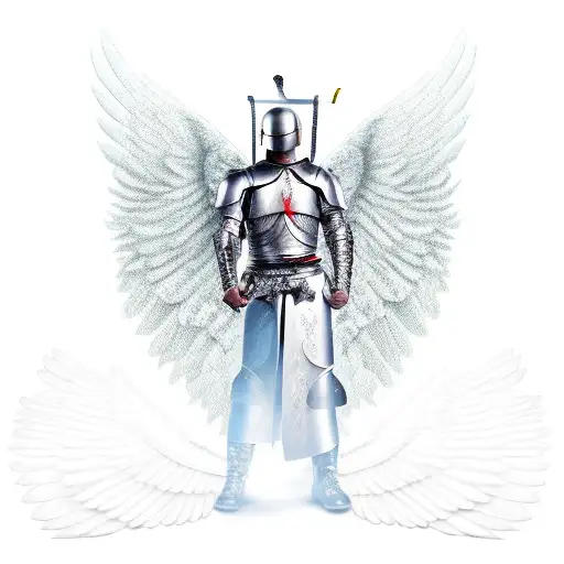 someone in armour holding a sword with a half angel's wing and a half demon's wing tattoo design idea