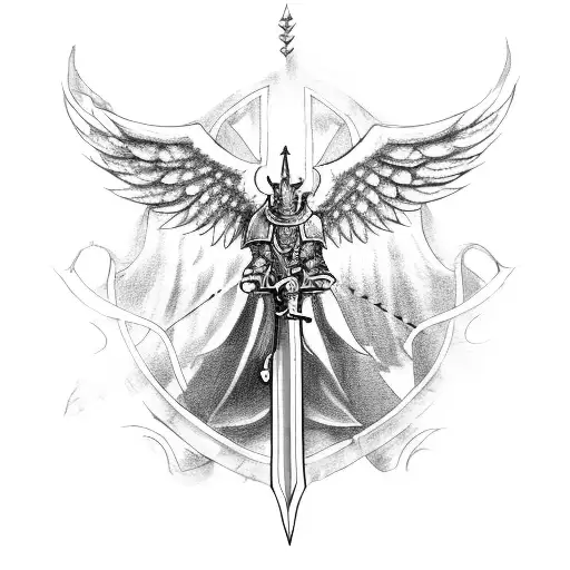 someone in armour holding a sword with a half angel's wing and a half demon's wing tattoo design idea