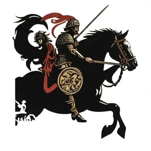 achilles war with his horse in front of castle surrounded tattoo design idea
