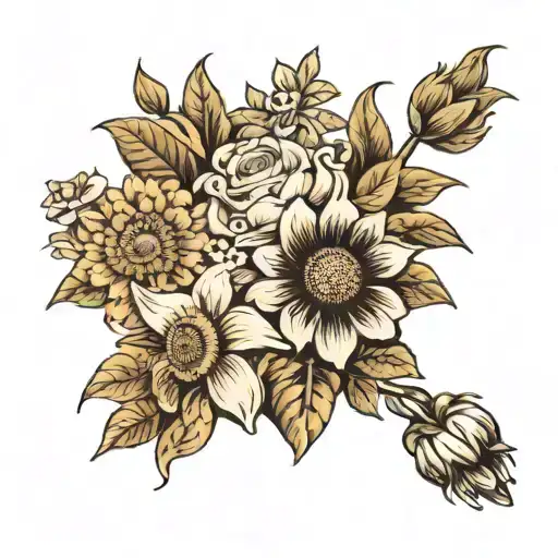 bouquet with 2 gardenias, a sunflower, and daisies tattoo design idea