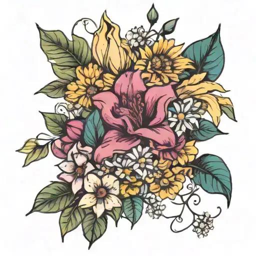 bougainvillea bouquet with daisies and gardenias and sunflowers tattoo design idea