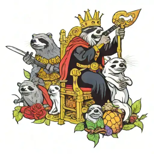 sloth king on throne, possum prince with big sword beside, tortoise pope on the other side, gothic cosmic theme tattoo design idea