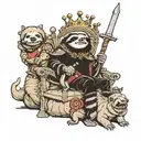 sloth king on throne, possum prince with big sword beside, tortoise pope on the other side, gothic cosmic theme tattoo design idea