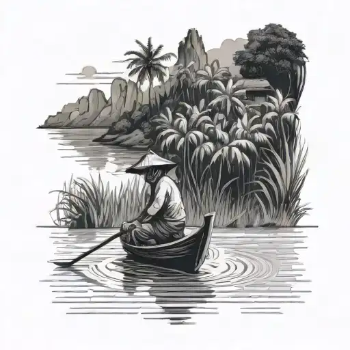 vietnam mekong delta fisherman boat floating away between ricefield mountains tattoo design idea