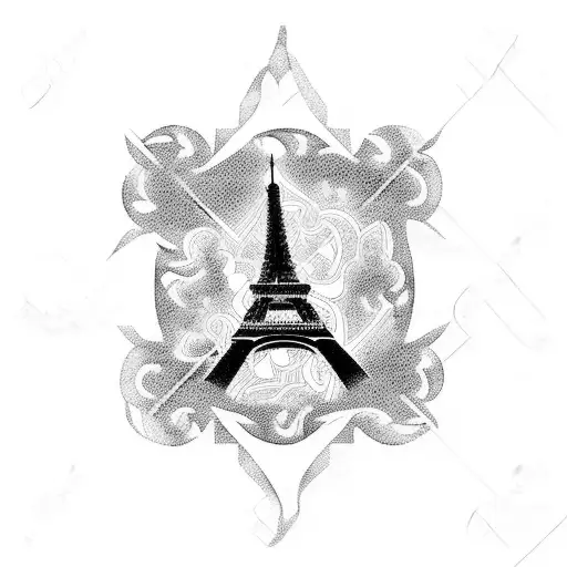 A blackwork silhouette of an airplane soaring towards the Eiffel Tower tattoo design idea