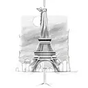 A black and grey sketch of an airplane flying over the Eiffel Tower tattoo design idea