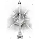 A black and grey sketch of an airplane flying over the Eiffel Tower tattoo design idea