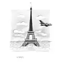 A black and grey sketch of an airplane flying over the Eiffel Tower tattoo design idea