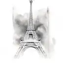 A black and grey sketch of an airplane flying over the Eiffel Tower tattoo design idea