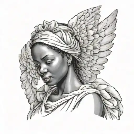 photo realistic  african  female angel looking down from heaven in a wrinkly garment  tattoo design idea