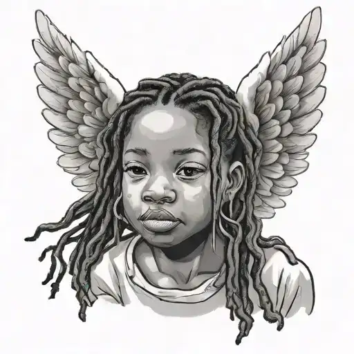 a little black girl angel with dread locs  looking upward tattoo design idea