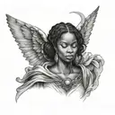 african  female angel looking down from heaven in a wrinkly garment  tattoo design idea