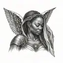 african  female angel looking down from heaven in a wrinkly garment  tattoo design idea