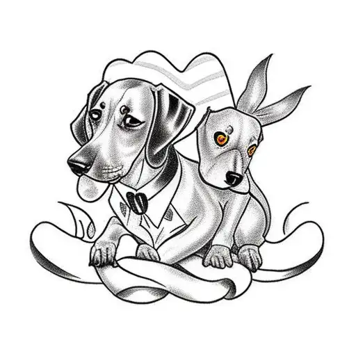 A traditional tattoo of a dachshund and Jessica Rabbit doing a tango together tattoo design idea