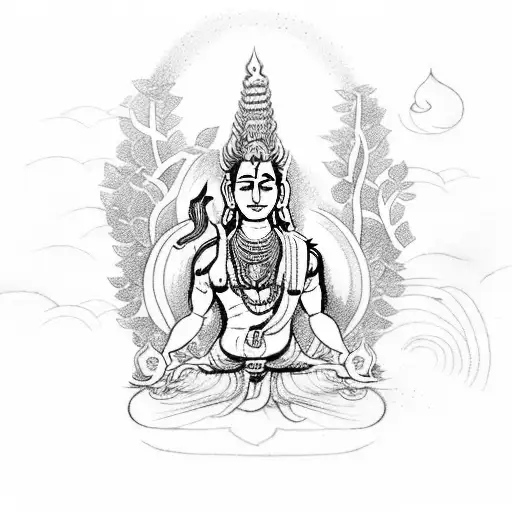 A sketch-style depiction of Shiva meditating in a lush forest, embodying the tranquility and strength amidst anger tattoo design idea