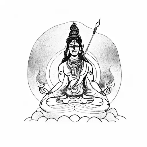 A sketch-style depiction of Shiva meditating in a lush forest, embodying the tranquility and strength amidst anger tattoo design idea