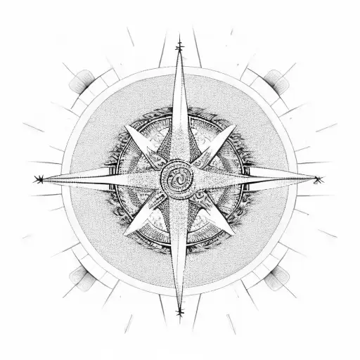 A dotwork design of a yin and yang symbol incorporated into a compass, representing the balance between travel and love tattoo design idea