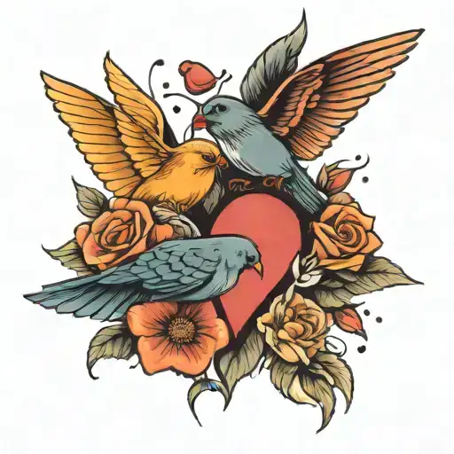 flowers with two hearts and two birds flying away he was strong tattoo design idea