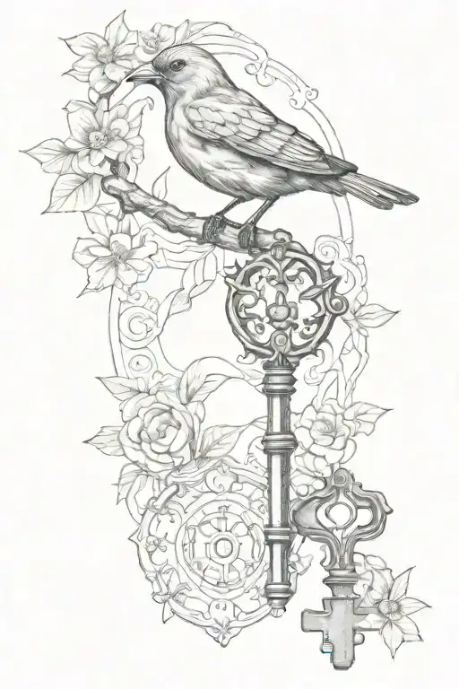antique key with bird perched tattoo design idea