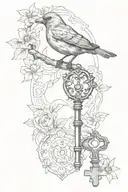 antique key with bird perched tattoo design idea