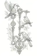 antique key with bird perched tattoo design idea