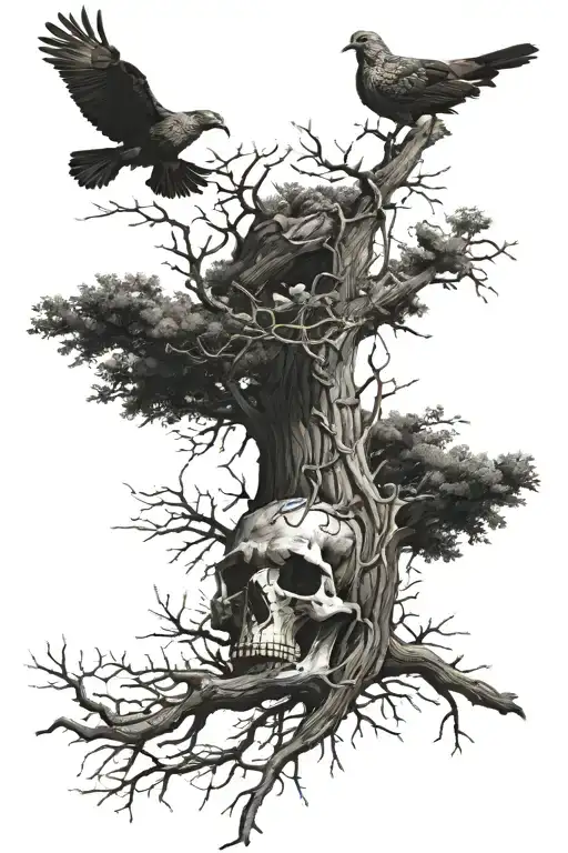 dead tree with a turkey roosted on one of the limbs. a deer skull hanging from another limb. 2 bluebirds flying over top tattoo design idea
