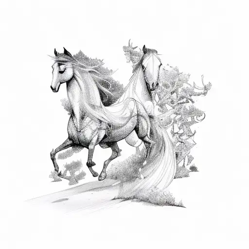 magical horse forest tattoo design idea