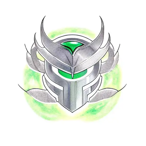 stained glass window with loki helmet on the green grass with a gradient to the northern lights  tattoo design idea