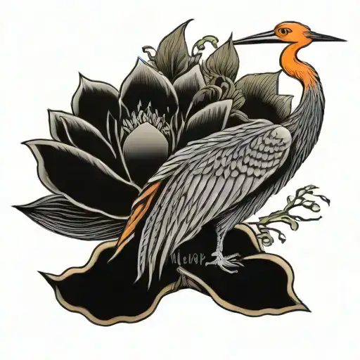 orange japanese crane with lotus flower blooming tattoo design idea