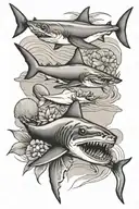 3 layered images with a shark's tooth, sand crab, and olive seashell  tattoo design idea