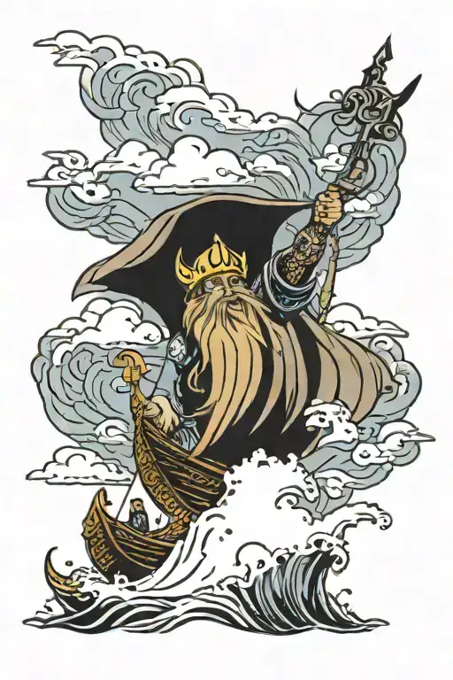 Viking sailing boat in rough seas with god of thunder Thor above in the clouds  tattoo design idea