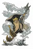 Viking sailing boat in rough seas with god of thunder Thor above in the clouds  tattoo design idea