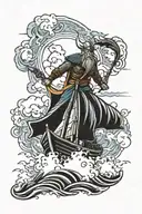 Viking sailing boat in rough seas with god of thunder Thor above in the clouds  tattoo design idea