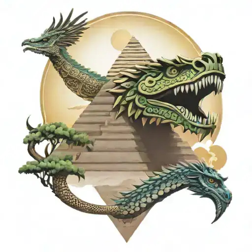 aztec snake god Quetzalcoatl behind mexican pyramid and an eclipse in the sky with a forest background , 3d/realistic tattoo design idea