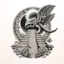 aztec snake god Quetzalcoatl behind mexican pyramid and an eclipse in the sky with a forest background , 3d/realistic tattoo design idea
