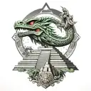 aztec snake god Quetzalcoatl behind mexican pyramid and an eclipse in the sky with a forest background , 3d/realistic tattoo design idea
