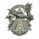 aztec snake god Quetzalcoatl behind mexican pyramid and an eclipse in the sky with a forest background , 3d/realistic tattoo design idea