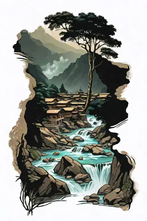 mountain river flowing nepal realistic with buddist foreground with gurung tattoo design idea