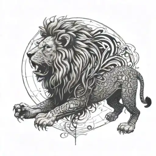 A lion roaring majestically in front of a stylish interior design blueprint tattoo design idea