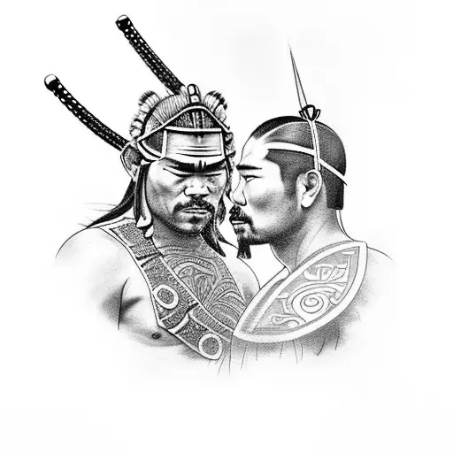 Design a unique tattoo featuring a Maori warrior and a samurai master engaged in a friendly sparring match tattoo design idea