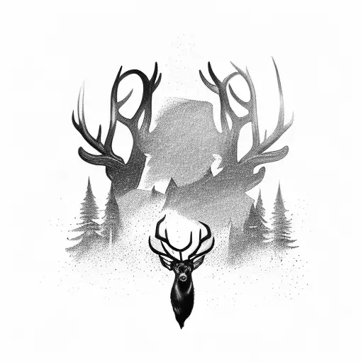 A silhouette of a hunter aiming at a majestic buck in a forest tattoo design idea