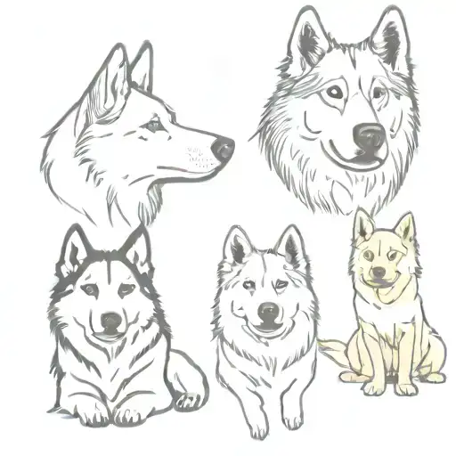 2 male Siberian huskies and 1 female golden retriever tattoo design idea