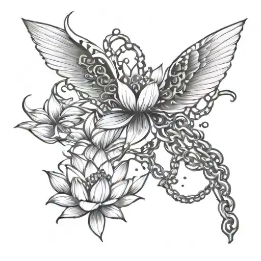 broken chain lotus flower birds flying tattoo design idea