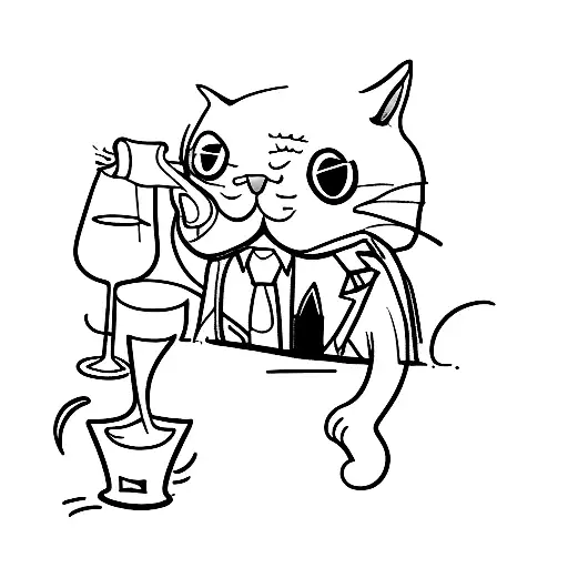 Cat showing his asshole while he drink a bottle of wine tattoo design idea