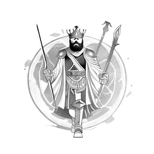 A bearded king with a cape sitting at his throne and next to his throne there is minotaur head and sword.  tattoo design idea